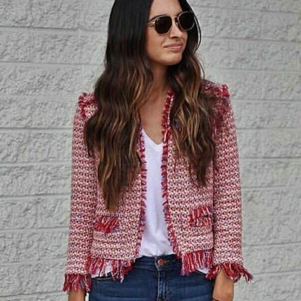 Sold❗Zara Tweed Fringe Jacket Blazer Red Size XS - Picture 1 of 7